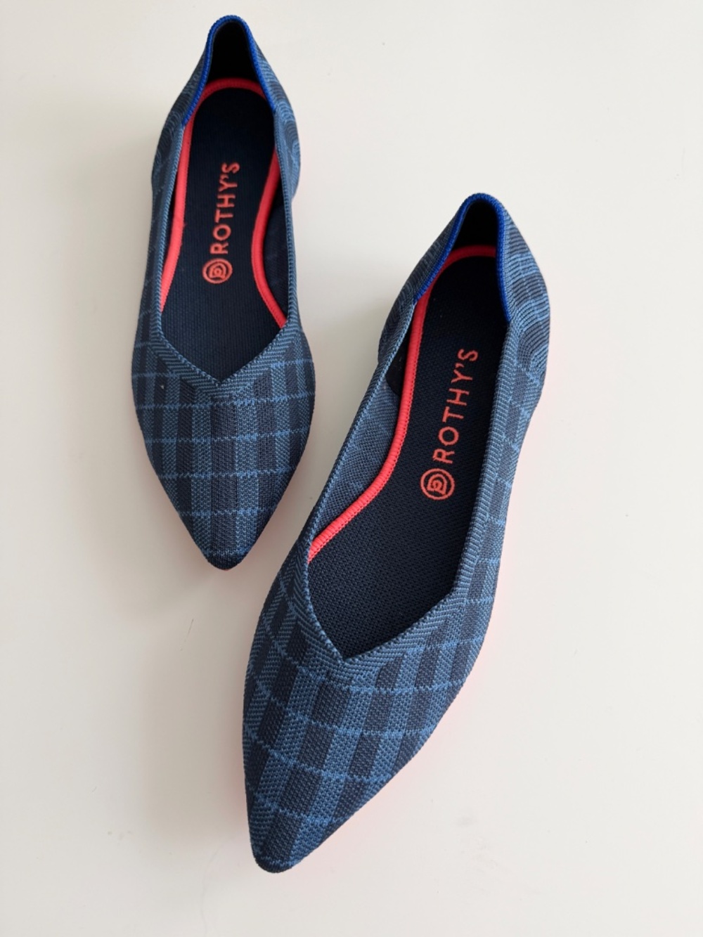 LIKE NEW (worn once) - Rothys Point Blue Plaid Knit Pointed Toe Flats  Size W12